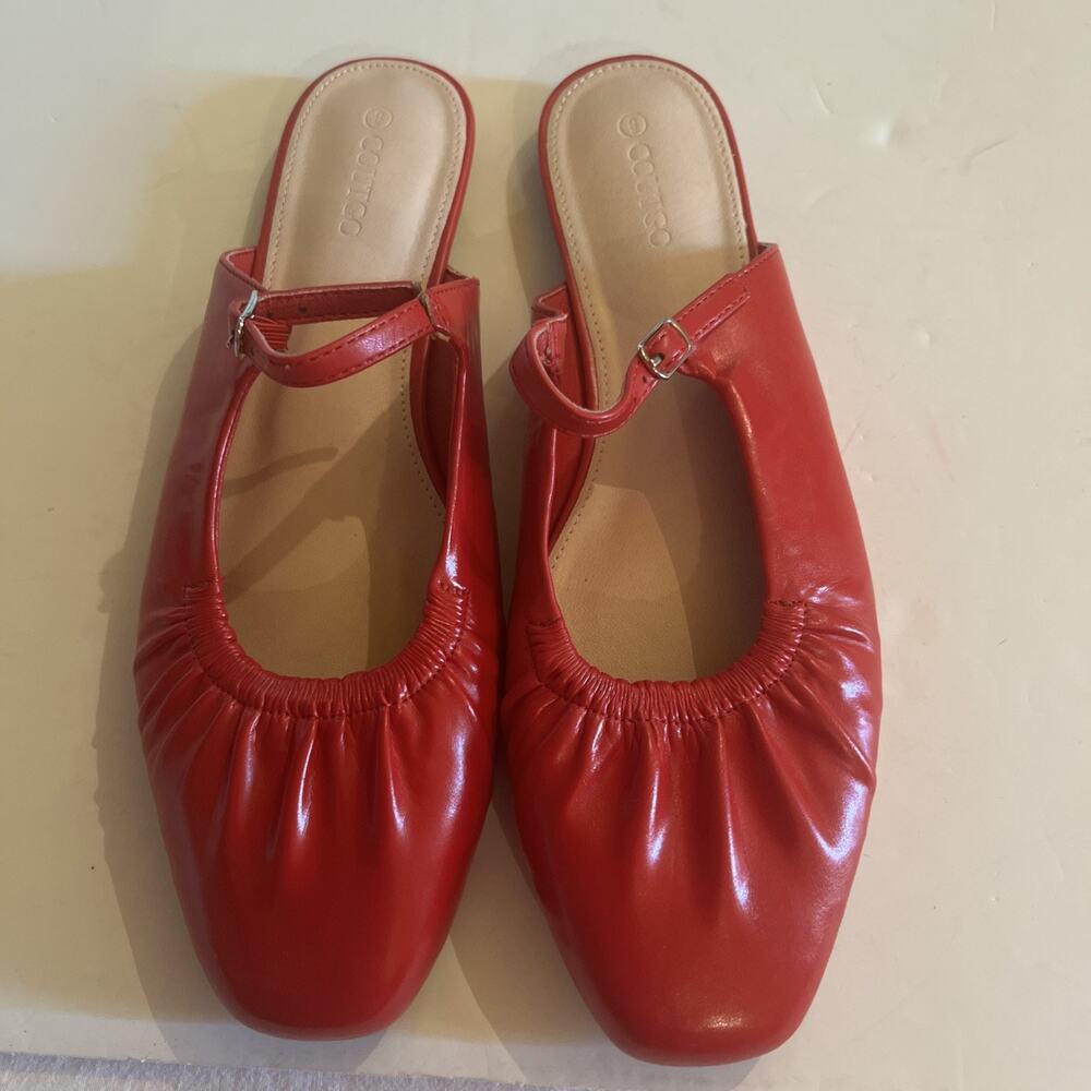 Red Ballet Flats Shoes Slides 9 M Faux Patent Vegan Mary Jane Slip On Style